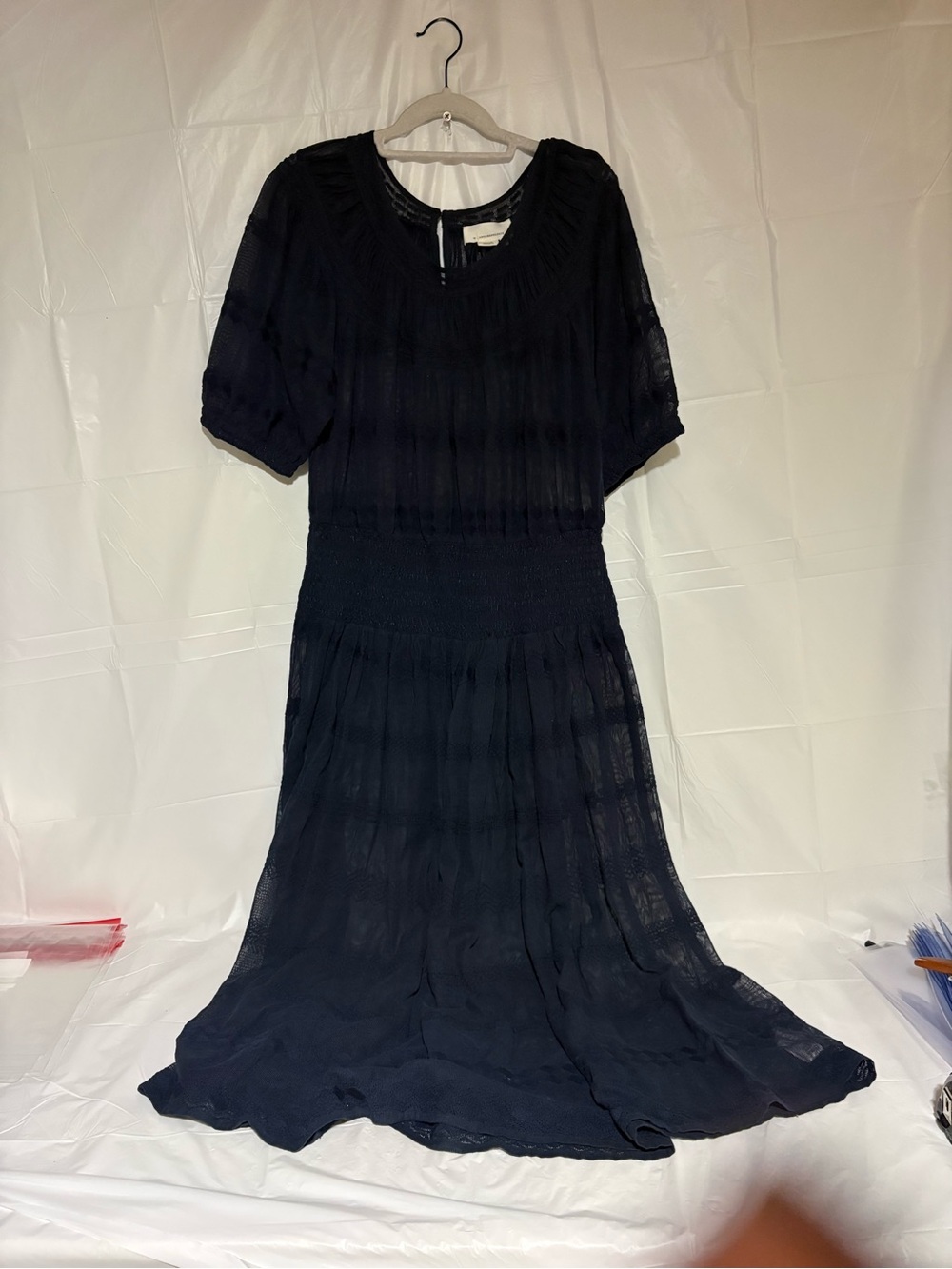 Anthropologie Navy Short-Sleeve Smocked-Waist Maxi Dress